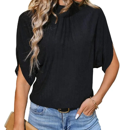 Standing Collar Fashionable Woman's Clothing Bat Sleeve Half Sleeve Casual Elegant Retro Design Women's Shirt Summer 2024 New