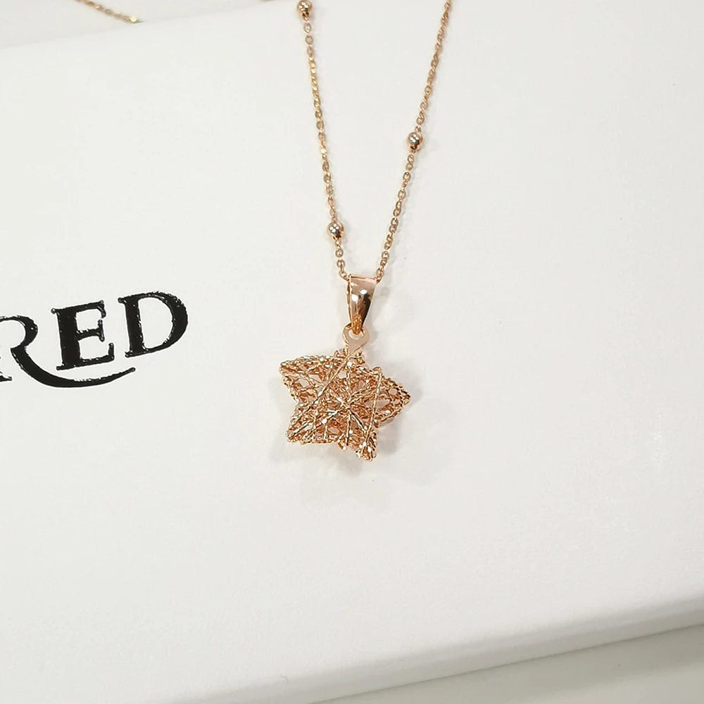 Star Champagne with bead chain NINE'S 18K Solid Gold Fine Jewelry Star Heart Pendant Necklace Yellow Gold Customized Hollow Lucky Necklace