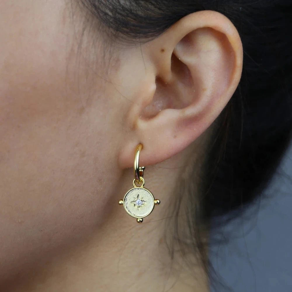 star coin charm dangle women jewelry gold plated bling cz hoop earring