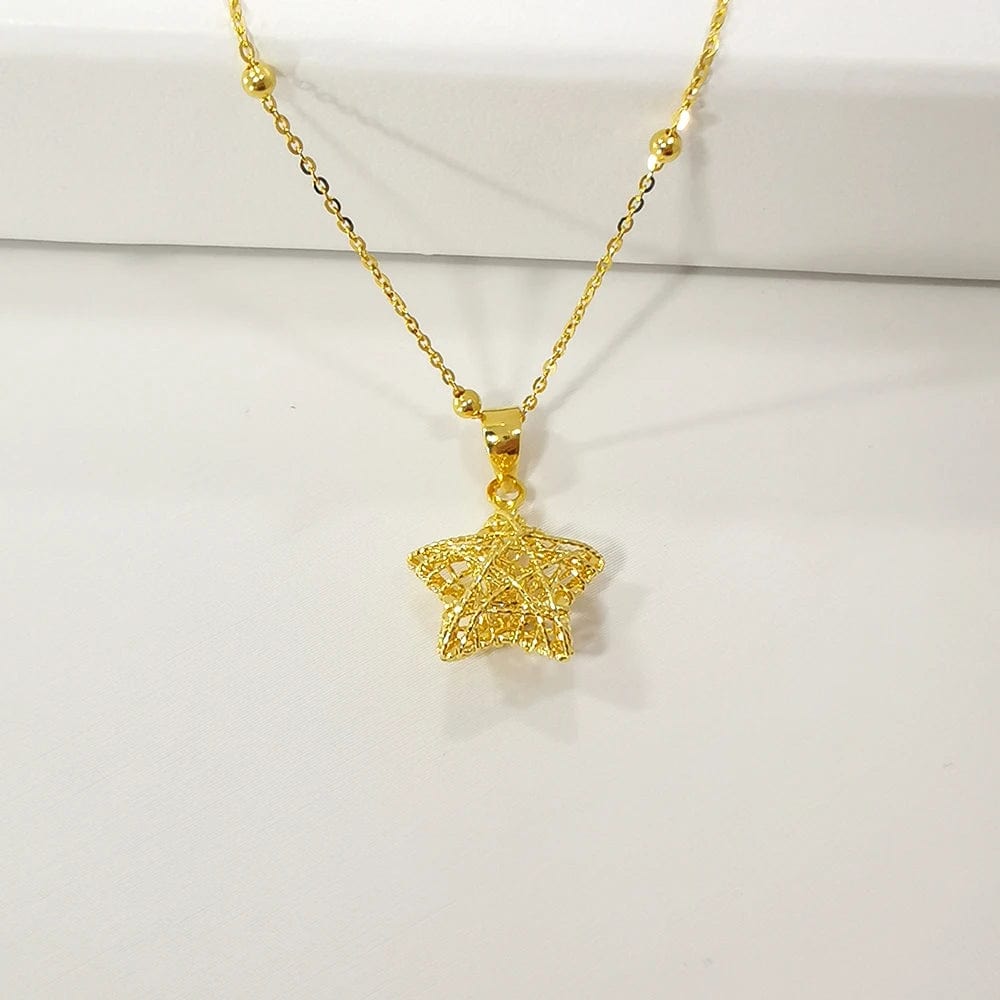 Star Gold with bead chain NINE'S 18K Solid Gold Fine Jewelry Star Heart Pendant Necklace Yellow Gold Customized Hollow Lucky Necklace