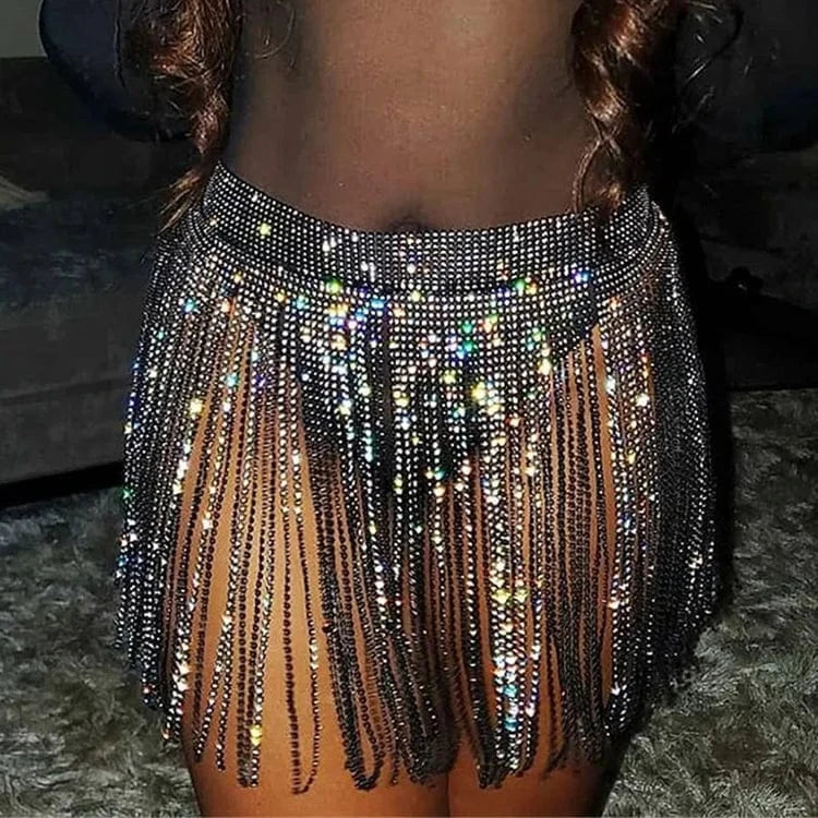 Stock 9 Colors Sexy Glitter Tassel Adjustable Mini Bikini Rhinestone Diamond Skirt Sexi Lady One Size Night Club Crystal Dress