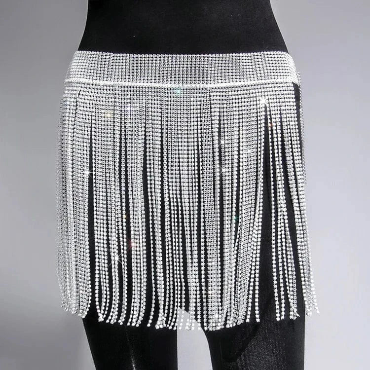 Stock 9 Colors Sexy Glitter Tassel Adjustable Mini Bikini Rhinestone Diamond Skirt Sexi Lady One Size Night Club Crystal Dress