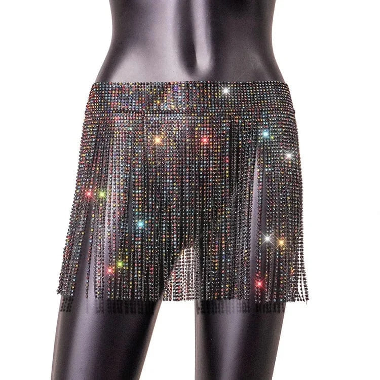 Stock 9 Colors Sexy Glitter Tassel Adjustable Mini Bikini Rhinestone Diamond Skirt Sexi Lady One Size Night Club Crystal Dress