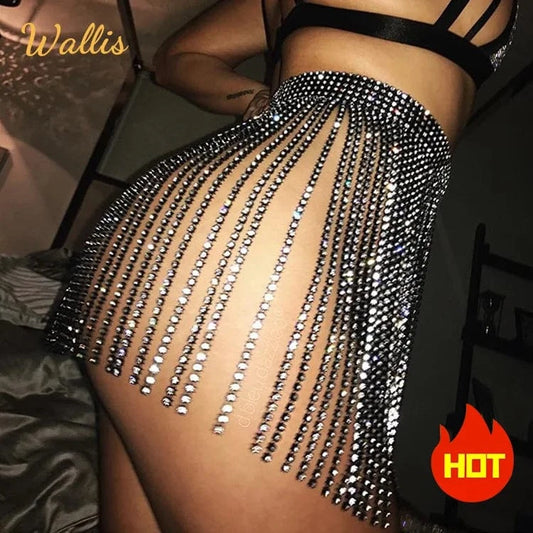 Stock 9 Colors Sexy Glitter Tassel Adjustable Mini Bikini Rhinestone Diamond Skirt Sexi Lady One Size Night Club Crystal Dress
