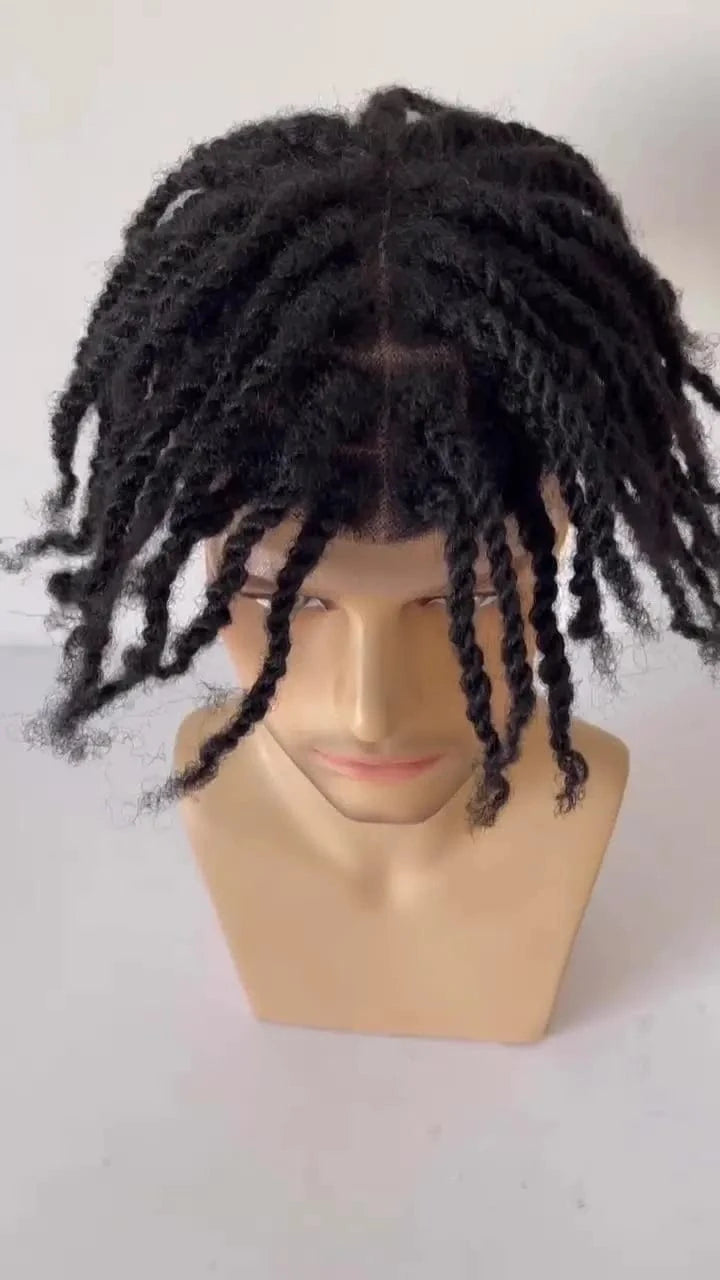 Stock knottless braids human hair male topper Indian remy afro kinky twist transparent lace toupee braided