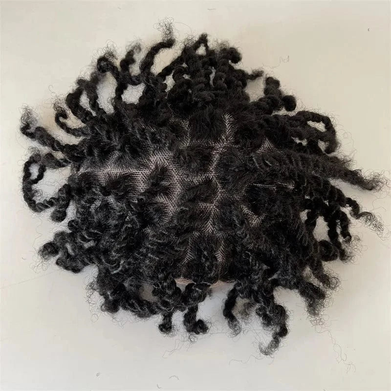 Stock knottless braids human hair male topper Indian remy afro kinky twist transparent lace toupee braided