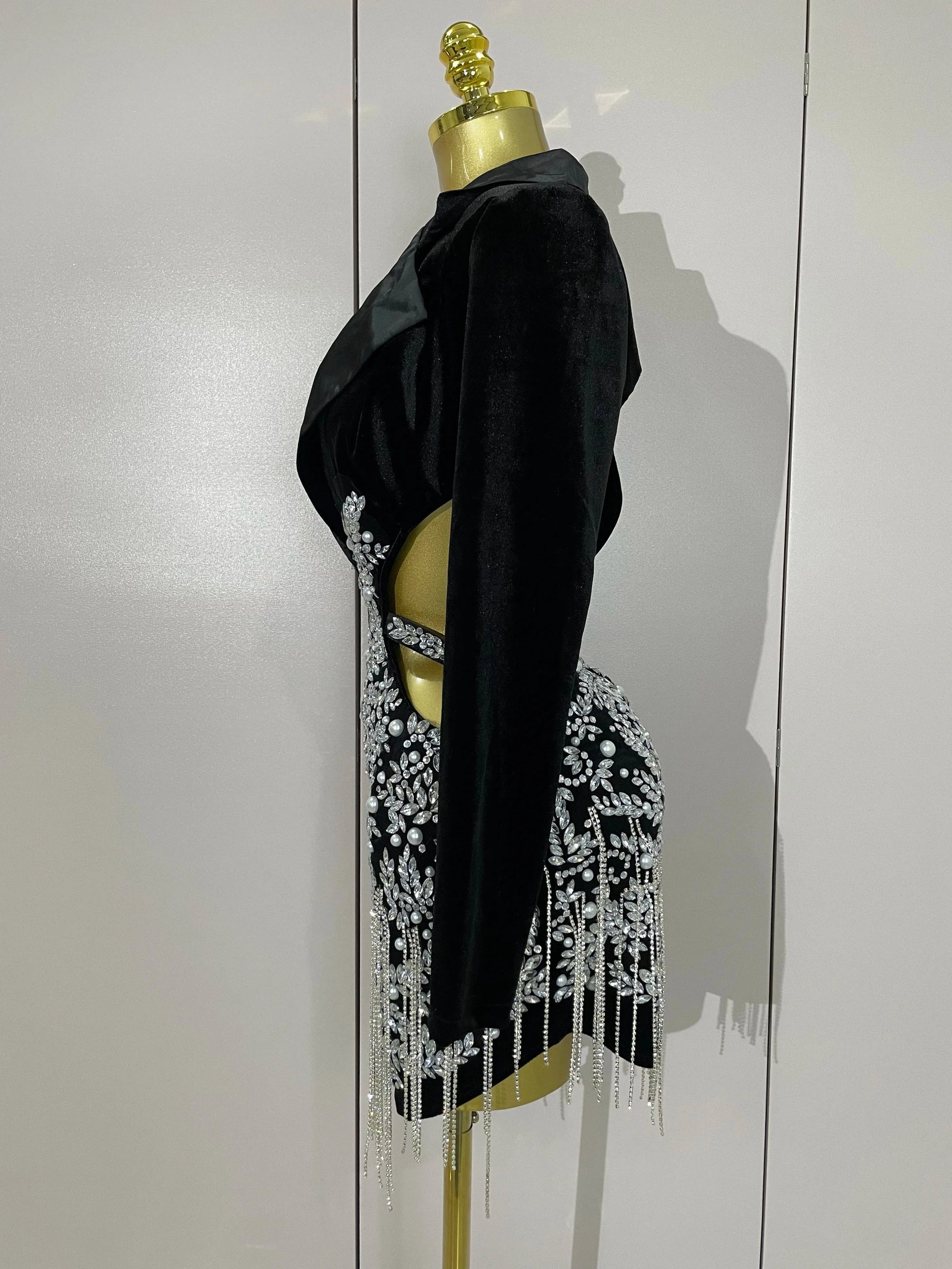 Stock Luxury Diamonds Tassel Sexy Hollow Out Black Mini Dress Woman Evening Celebrate Birthday Party Stage PhotoShoot Costume