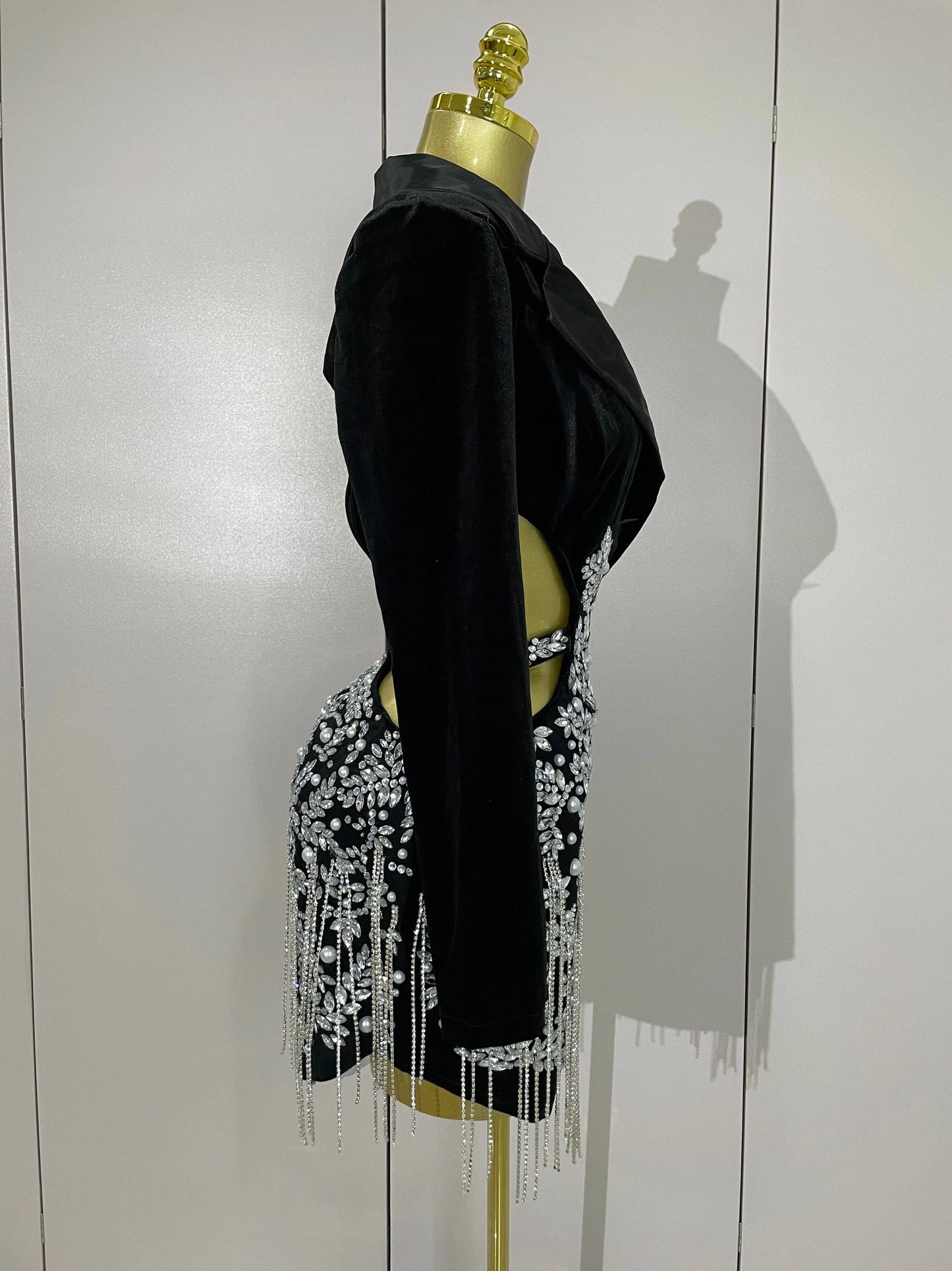 Stock Luxury Diamonds Tassel Sexy Hollow Out Black Mini Dress Woman Evening Celebrate Birthday Party Stage PhotoShoot Costume