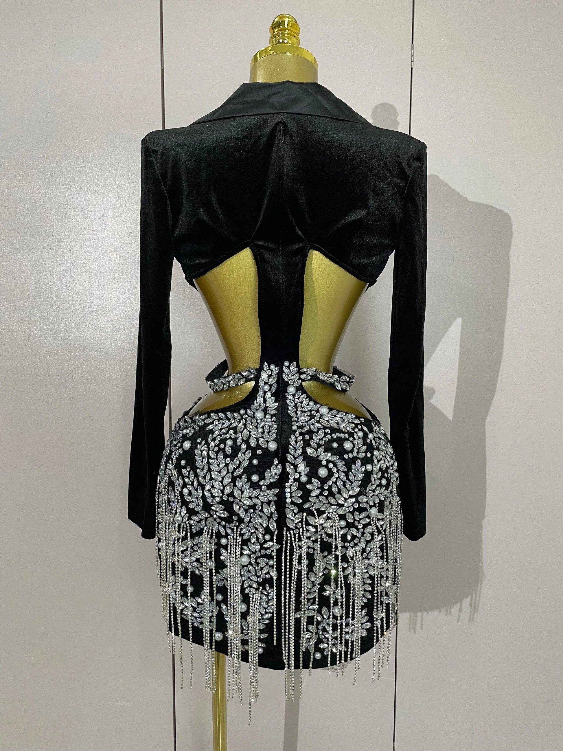 Stock Luxury Diamonds Tassel Sexy Hollow Out Black Mini Dress Woman Evening Celebrate Birthday Party Stage PhotoShoot Costume