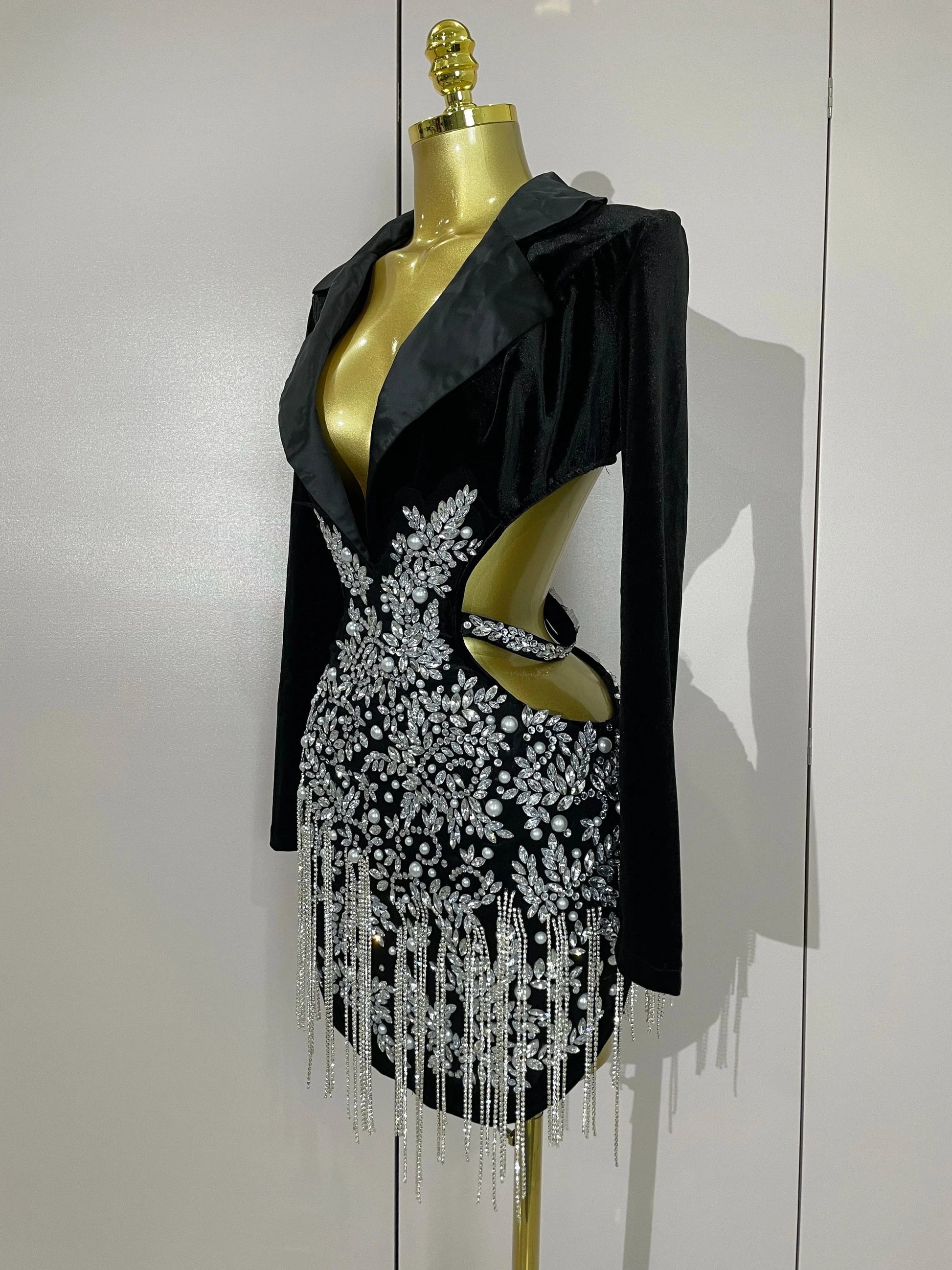 Stock Luxury Diamonds Tassel Sexy Hollow Out Black Mini Dress Woman Evening Celebrate Birthday Party Stage PhotoShoot Costume