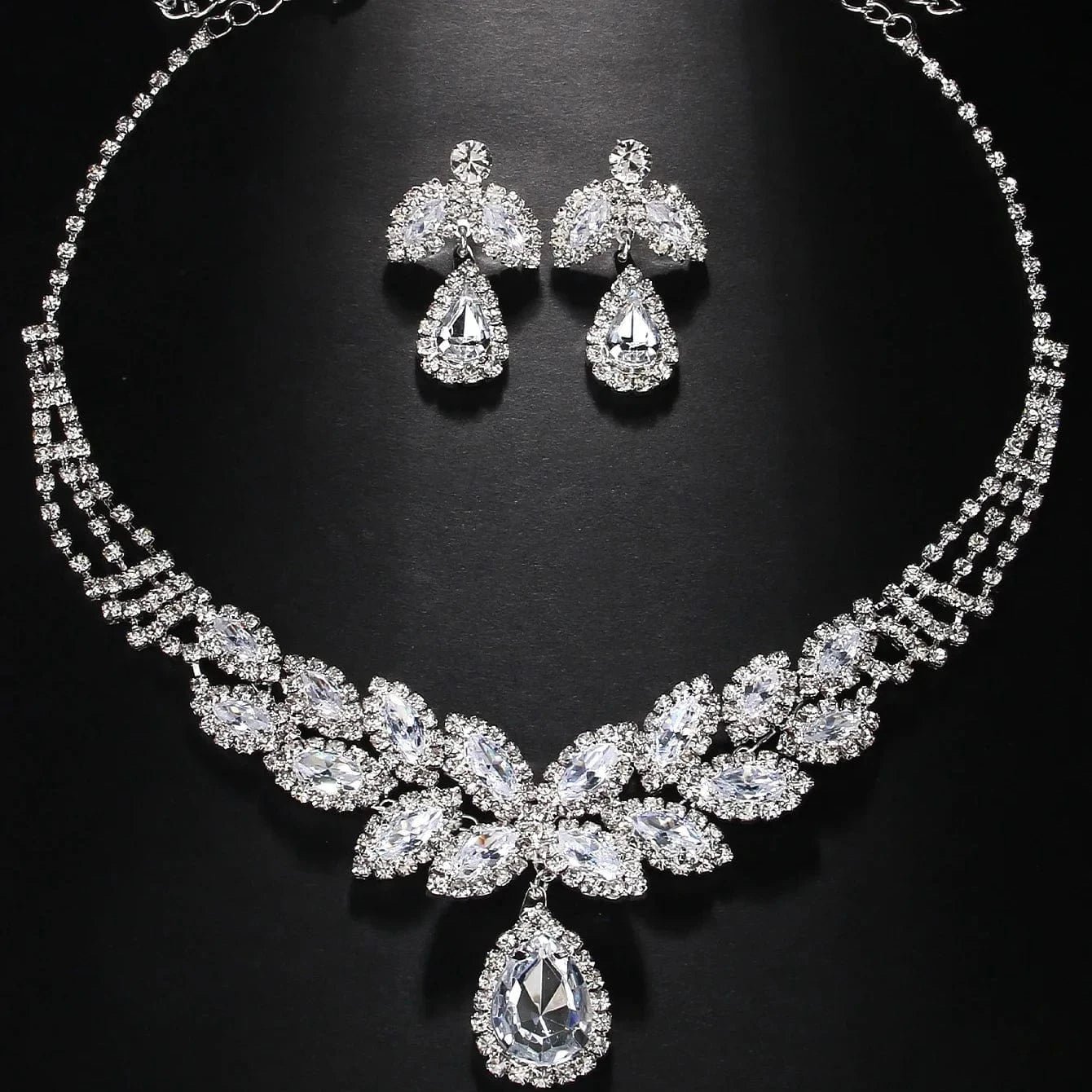 StoneFans Fashion Drop Rhinestone Necklace Earrings Set for Women Wedding Flower Jewelry Set High Quality Wholesale