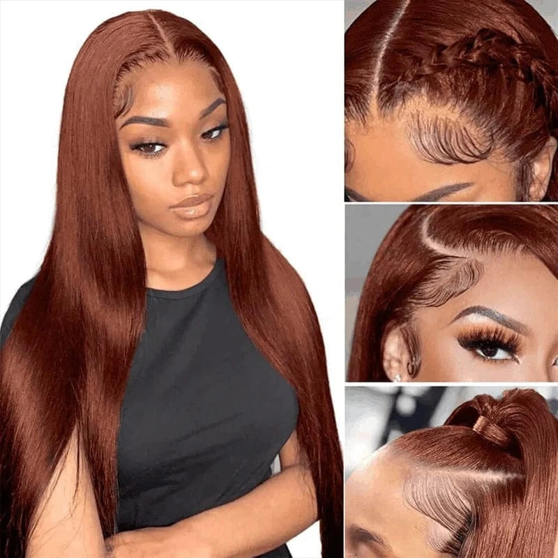 Straight / 18 Inches #33 Auburn Brown Red Color Curly Body Wave 13x4 Lace Frontal Wigs Transparent Lace Glueless Human Hair Wig