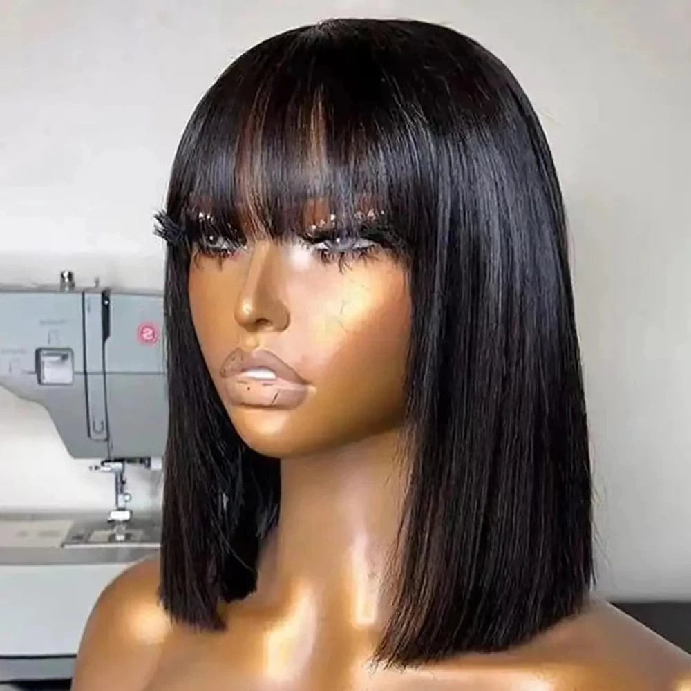 Straight / CHINA / 10inches Short Bob Wig with Bangs Straight Human Hair Bob with Bangs Wig Human Hair 180% Density Straight Bang Bob Wig For Women