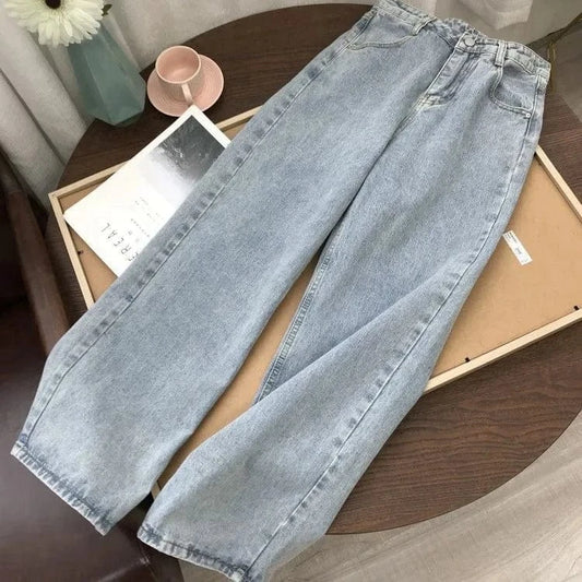 Straight High Waist Jeans for Female Students 2024 New Korean Style Loose Retro Wide Leg Mop Pants Trendy