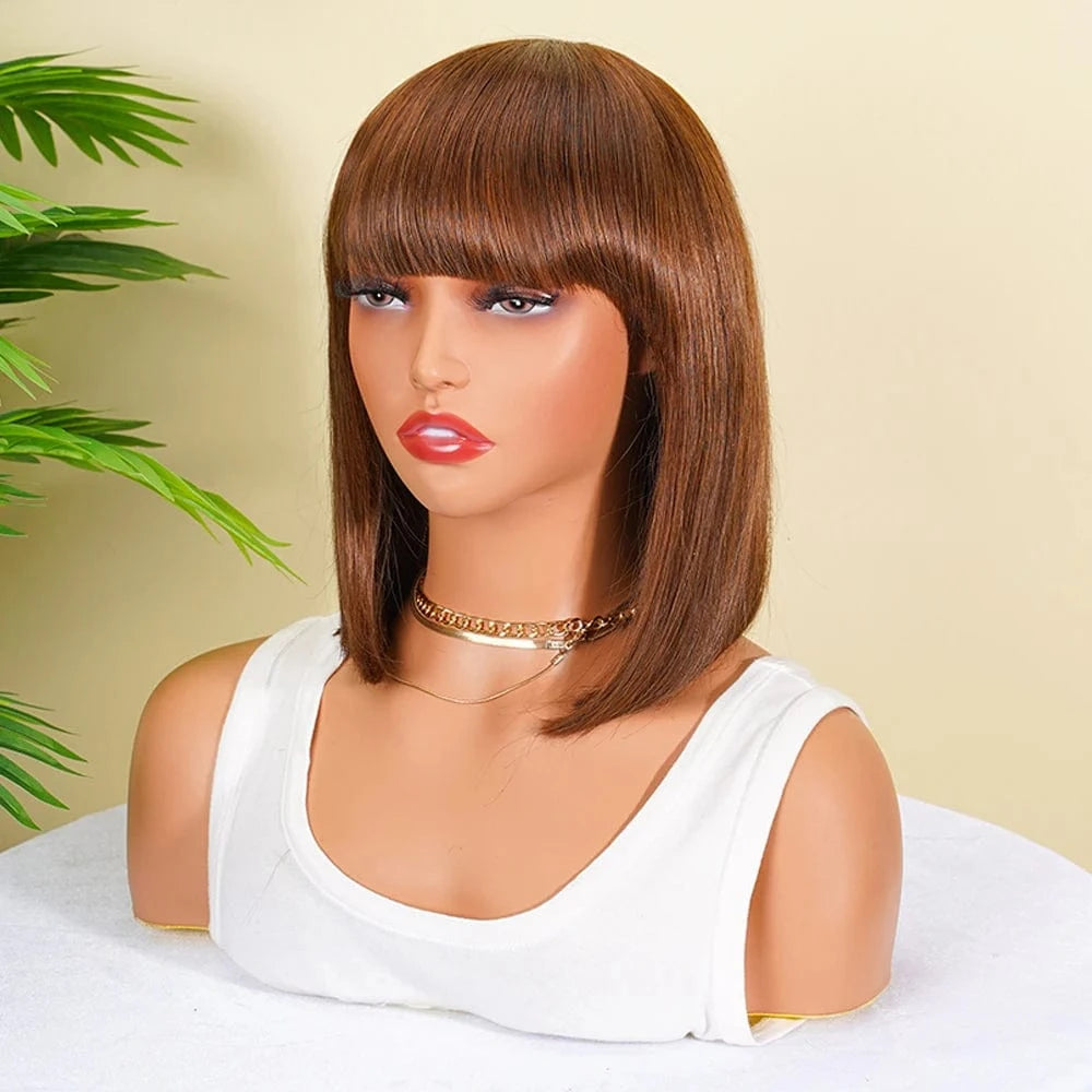 Straight Human Hair Bob Wigs with Bangs Remy Full Machine Made for Women Hightlight Burgundy Brown Colored BOB Wig