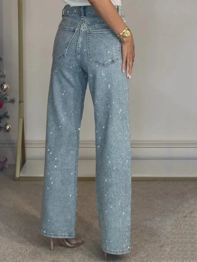 Straight Jeans for Women Diamonds Pants Stretch High Waist Washed Distressed Pockets Vintage Denims Streetwear Female Trousers