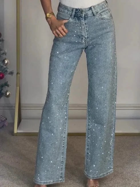 Straight Jeans for Women Diamonds Pants Stretch High Waist Washed Distressed Pockets Vintage Denims Streetwear Female Trousers