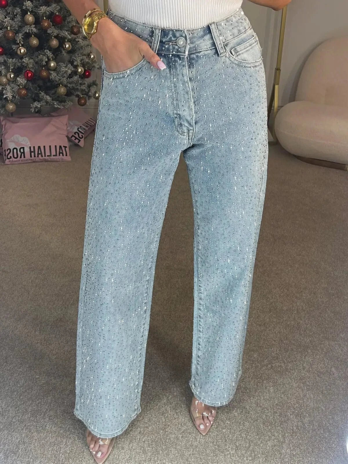 Straight Jeans for Women Diamonds Pants Stretch High Waist Washed Distressed Pockets Vintage Denims Streetwear Female Trousers