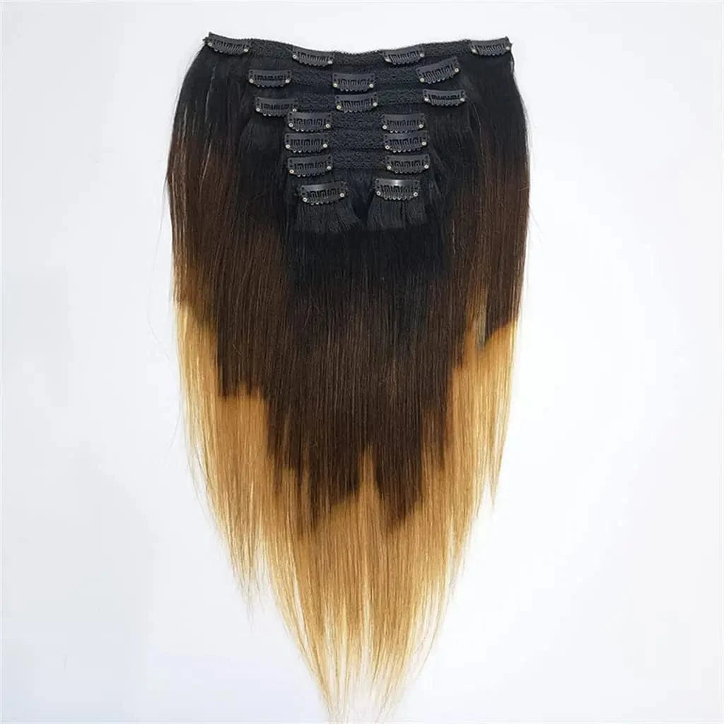 Straight Ombre Color T1B/4/27 Clip in Human Hiar Extensions for Black Women Brazilian Human Hair 8Pcs 120g/set 18 Inch #1B/4/27