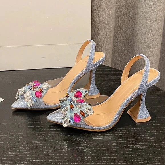 Strange Style Blue High Heels Mules Sandals Summer Fashion Crystal Denim Bowknot Pointed Toe Party Dress Shoes Women Pumps