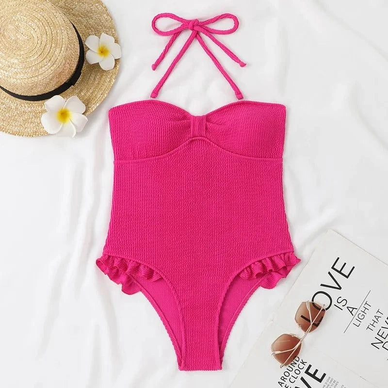 Strapless Shirring Swimsuit Off Shoulder High Waisted Swimwear Bandeau Smocked Ruffle Design 2024 Monokini Wholesale Bathingsuit