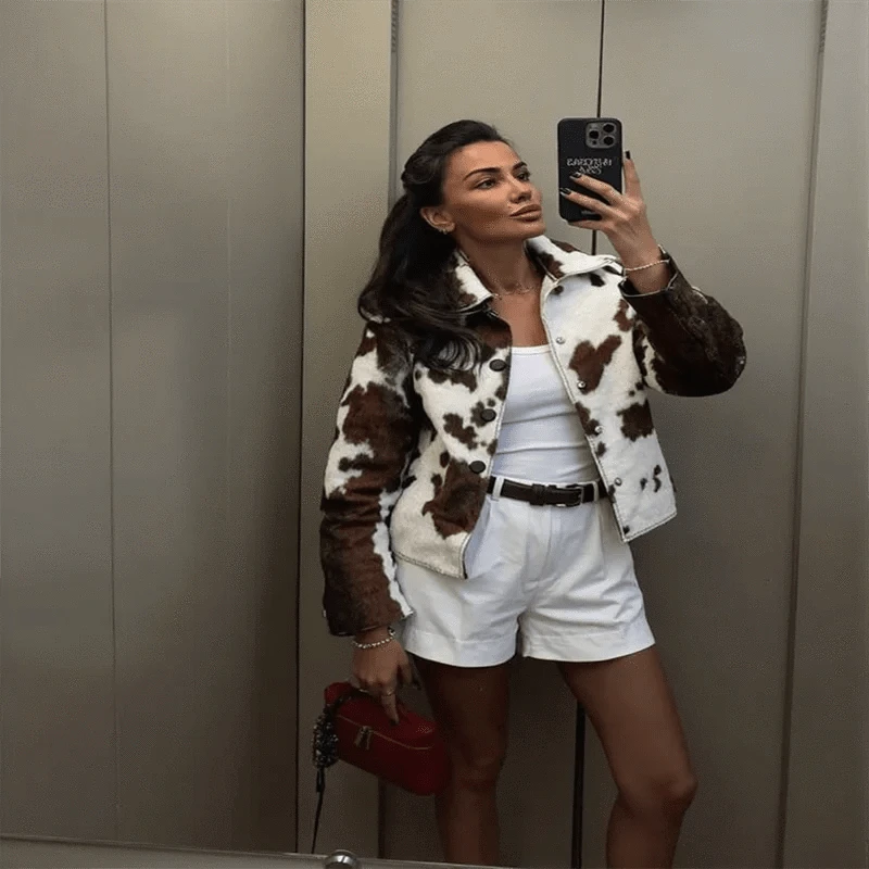 Street Leopard Print Women Short Jacket Elegant Lapel Button Long Flare Sleeve Female Outwear 2025 Autumn Lady Streetwear