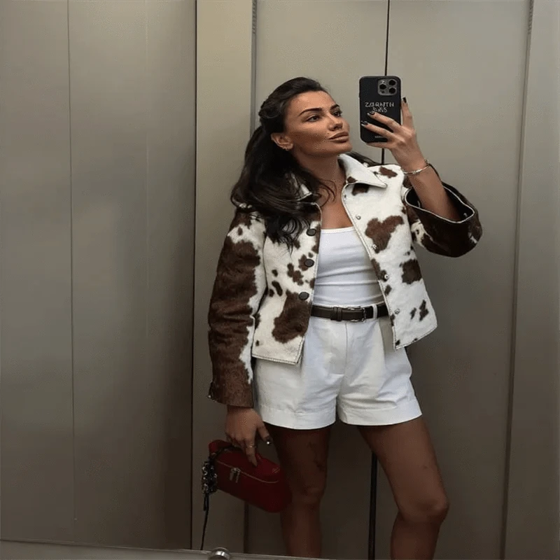 Street Leopard Print Women Short Jacket Elegant Lapel Button Long Flare Sleeve Female Outwear 2025 Autumn Lady Streetwear