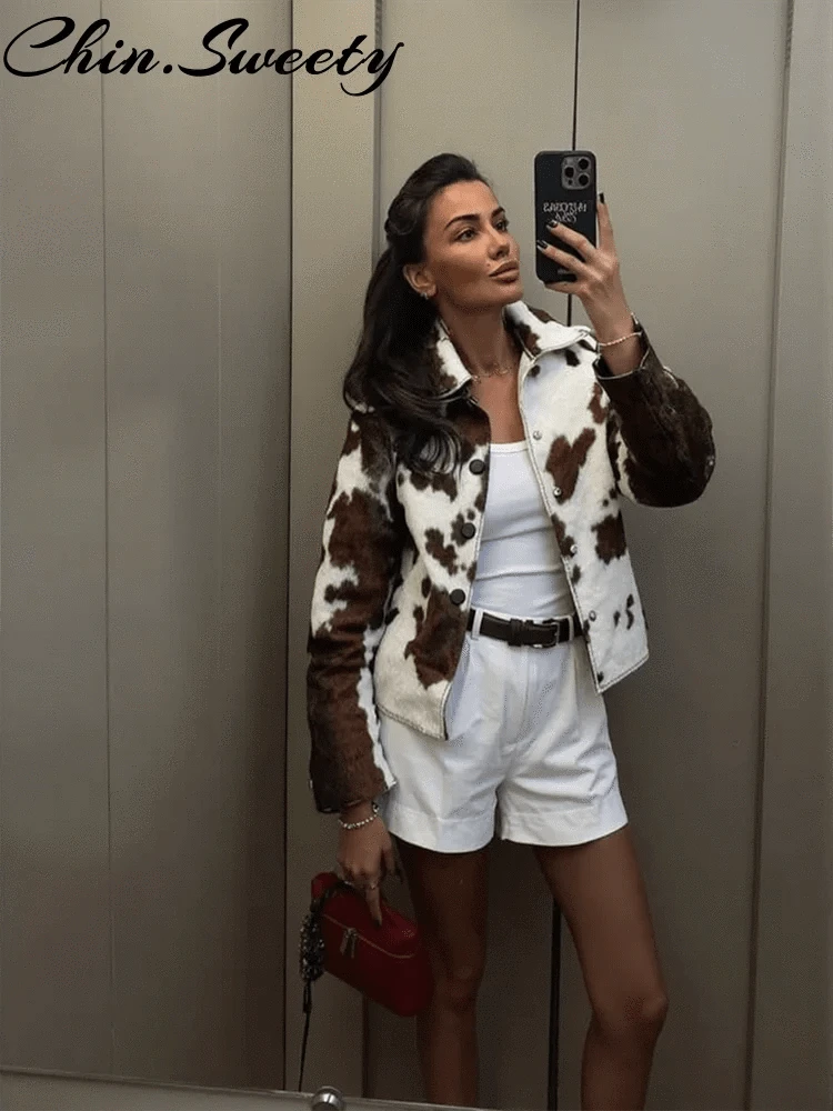 Street Leopard Print Women Short Jacket Elegant Lapel Button Long Flare Sleeve Female Outwear 2025 Autumn Lady Streetwear