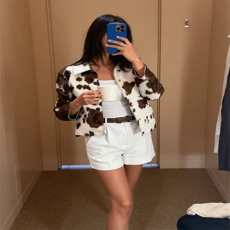 Street Leopard Print Women Short Jacket Elegant Lapel Button Long Flare Sleeve Female Outwear 2025 Autumn Lady Streetwear