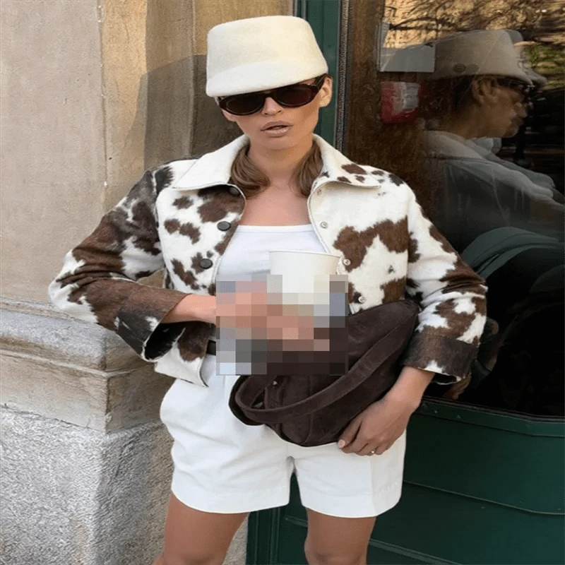 Street Leopard Print Women Short Jacket Elegant Lapel Button Long Flare Sleeve Female Outwear 2025 Autumn Lady Streetwear