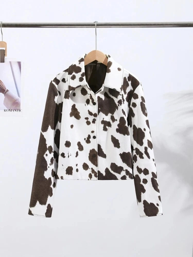 Street Leopard Print Women Short Jacket Elegant Lapel Button Long Flare Sleeve Female Outwear 2025 Autumn Lady Streetwear