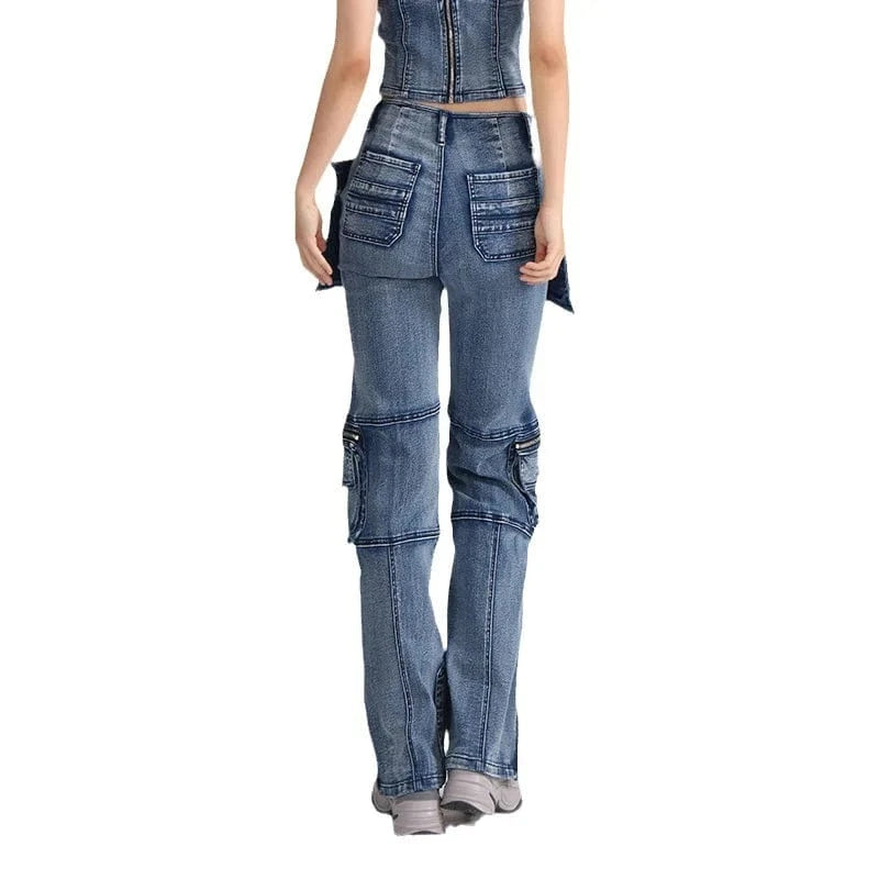 Streetwear Casual Motorcycle Zipper Baggy Pocket Cargo Blue Denim new latest design ladies Women'S Jeans fit Straight Trousers