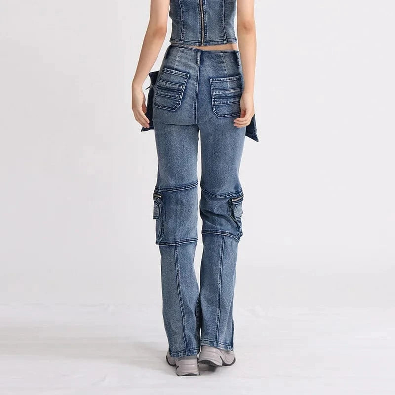 Streetwear Casual Motorcycle Zipper Baggy Pocket Cargo Blue Denim new latest design ladies Women'S Jeans fit Straight Trousers