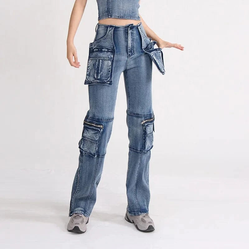Streetwear Casual Motorcycle Zipper Baggy Pocket Cargo Blue Denim new latest design ladies Women'S Jeans fit Straight Trousers