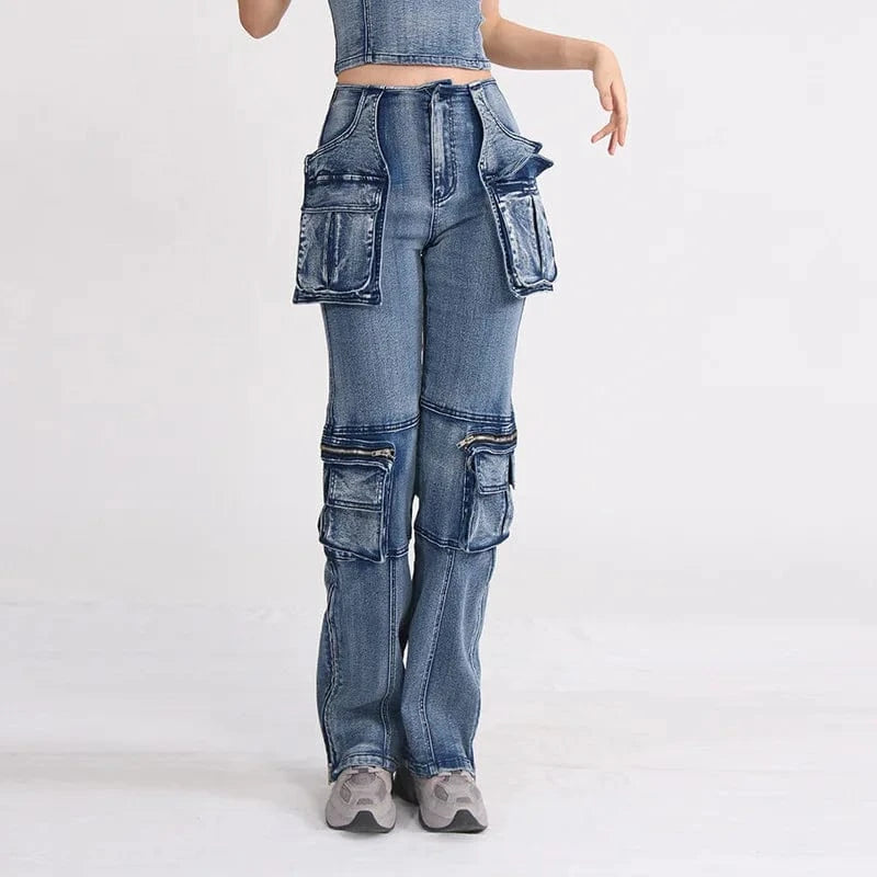 Streetwear Casual Motorcycle Zipper Baggy Pocket Cargo Blue Denim new latest design ladies Women'S Jeans fit Straight Trousers
