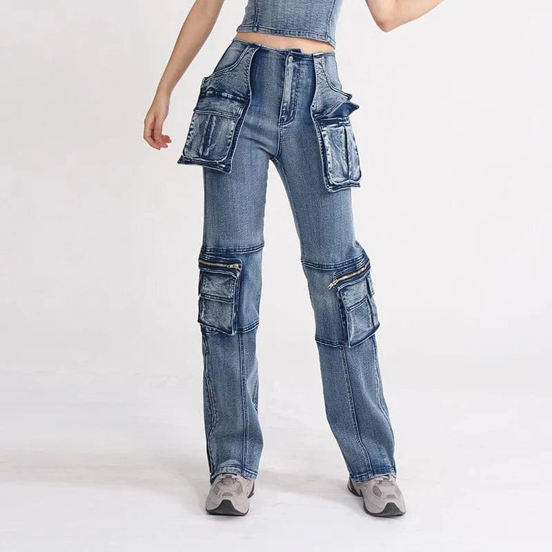 Streetwear Casual Motorcycle Zipper Baggy Pocket Cargo Blue Denim new latest design ladies Women'S Jeans fit Straight Trousers