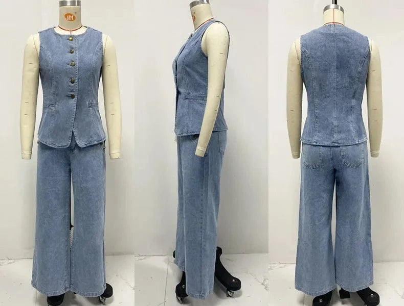 Streetwear Denim 2 Piece Sets Women Outfit Summer Clothes Women 2025 Sleeveless Vest Top Wide Leg Pants Sets Jeans Two Piece Set