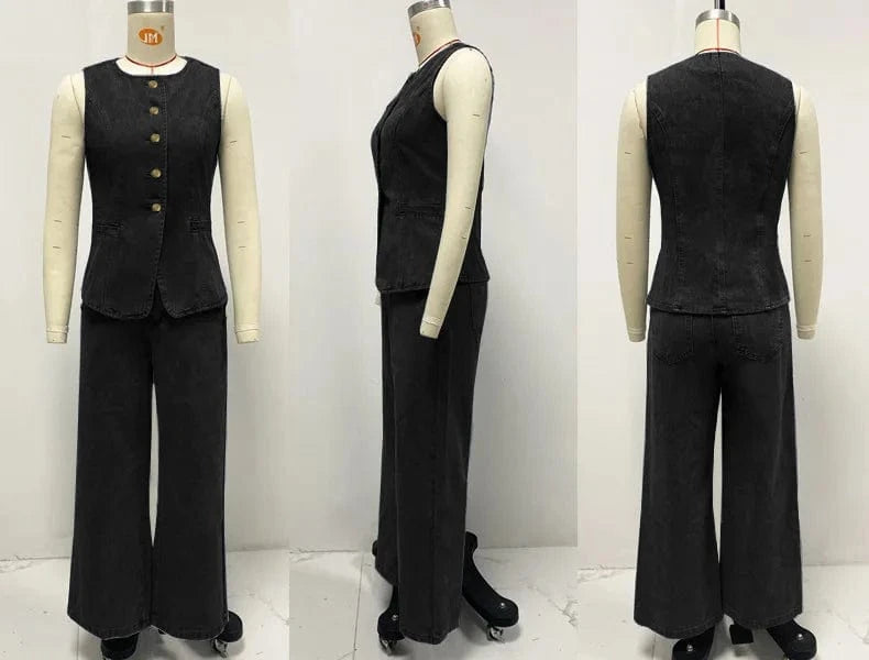 Streetwear Denim 2 Piece Sets Women Outfit Summer Clothes Women 2025 Sleeveless Vest Top Wide Leg Pants Sets Jeans Two Piece Set