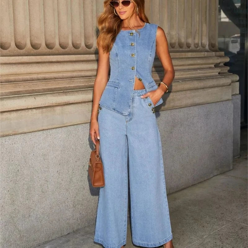 Streetwear Denim 2 Piece Sets Women Outfit Summer Clothes Women 2025 Sleeveless Vest Top Wide Leg Pants Sets Jeans Two Piece Set