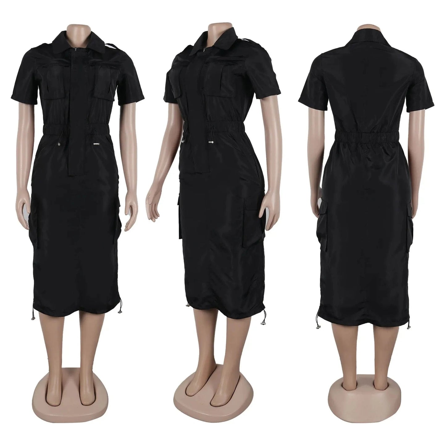 Streetwear Multi Pockets Cargo Dress Sexy Women Turn Down Collar Elegant Club Party Skater Dress Vestidos