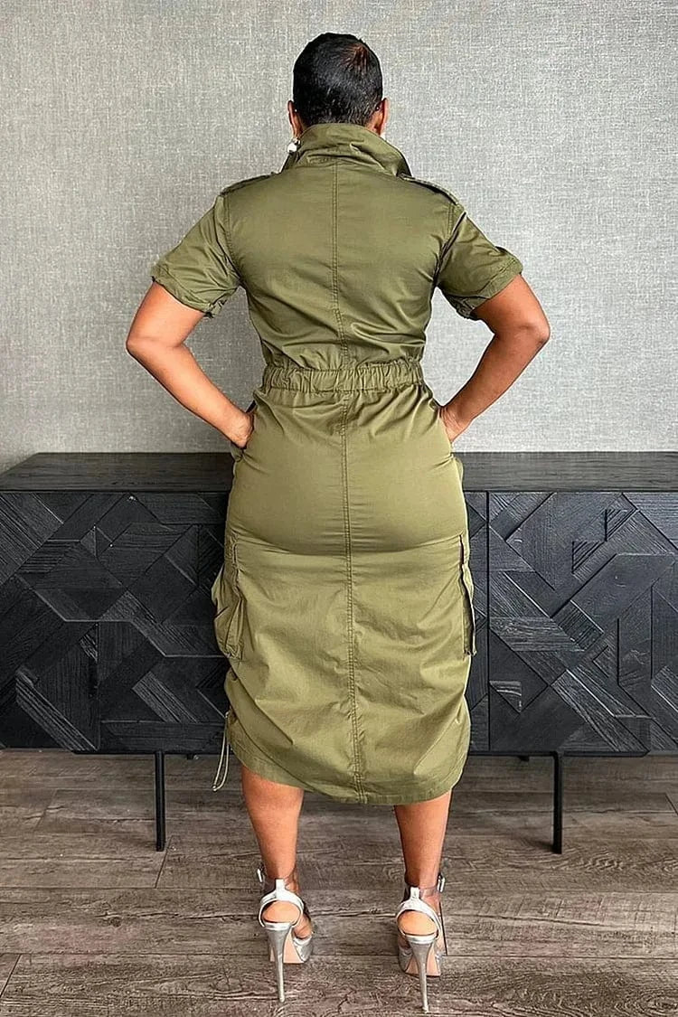 Streetwear Multi Pockets Cargo Dress Sexy Women Turn Down Collar Elegant Club Party Skater Dress Vestidos
