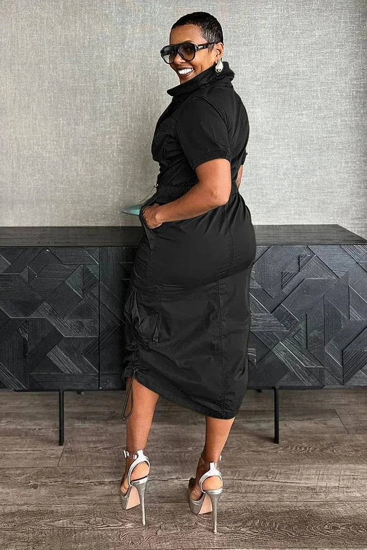 Streetwear Multi Pockets Cargo Dress Sexy Women Turn Down Collar Elegant Club Party Skater Dress Vestidos