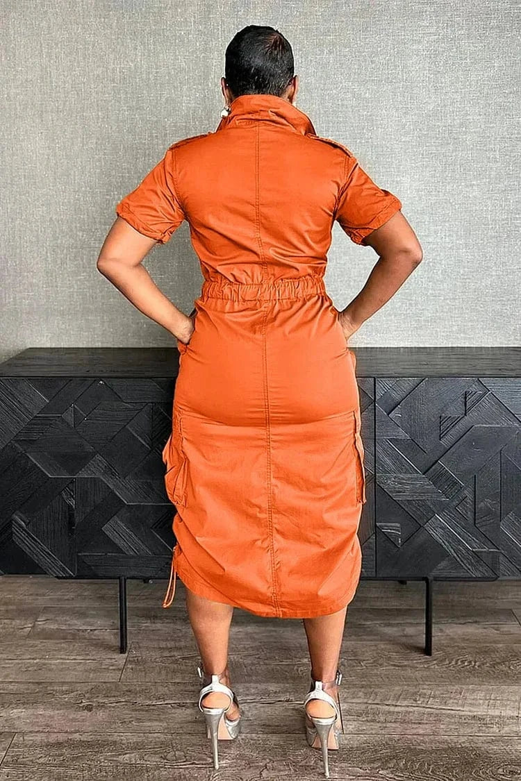 Streetwear Multi Pockets Cargo Dress Sexy Women Turn Down Collar Elegant Club Party Skater Dress Vestidos