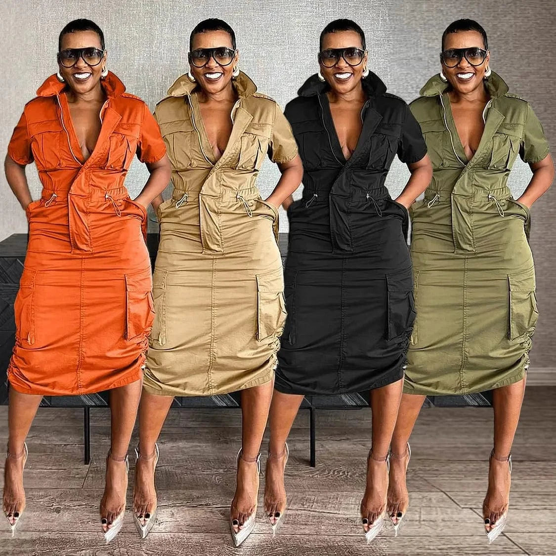 Streetwear Multi Pockets Cargo Dress Sexy Women Turn Down Collar Elegant Club Party Skater Dress Vestidos