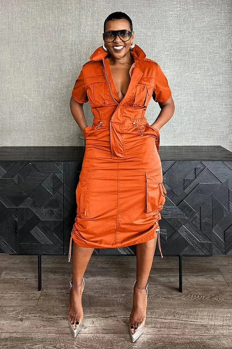 Streetwear Multi Pockets Cargo Dress Sexy Women Turn Down Collar Elegant Club Party Skater Dress Vestidos