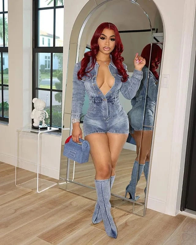 Streetwear Spring Sexy Fashion Long Sleeve Casual One Piece cargo Lady Shorts Washed Denim Jean Romper Women's Short Jumpsuit