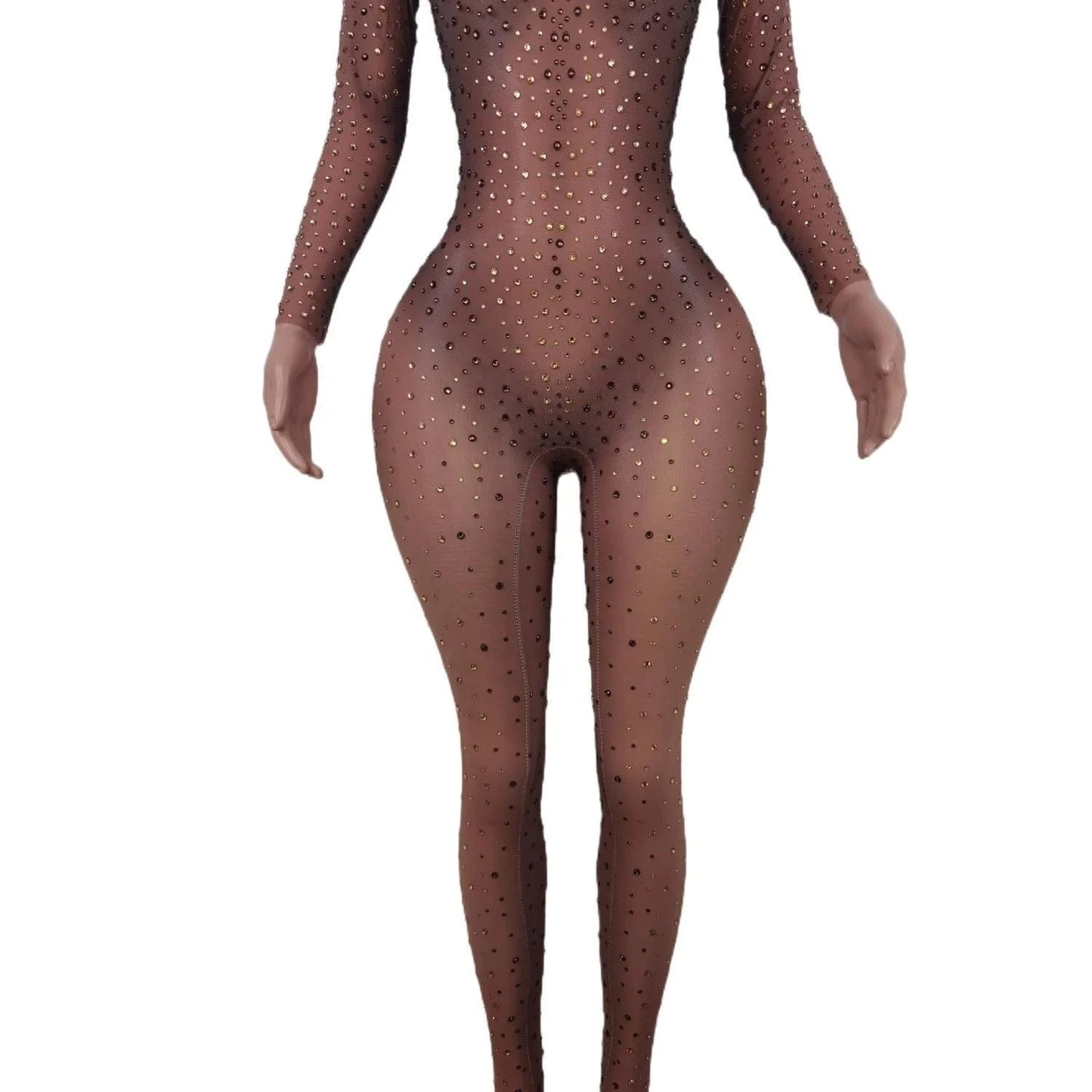 Stretch Free Size / Champagne Sexy Drag Queen Mesh Diamond One Piece Bodysuits Exotic Dancewear Stripper Outfit Night Club Rompers Women Rhinestone Jumpsuit