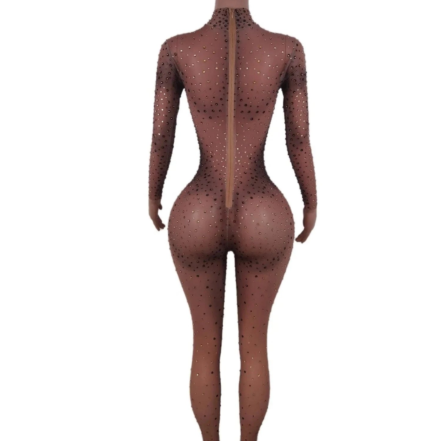 Stretch Free Size / Champagne Sexy Drag Queen Mesh Diamond One Piece Bodysuits Exotic Dancewear Stripper Outfit Night Club Rompers Women Rhinestone Jumpsuit