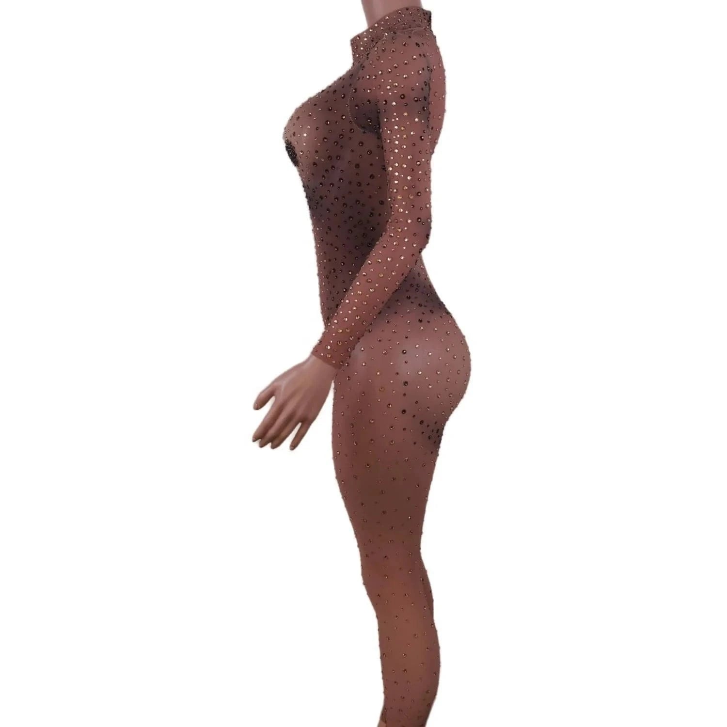 Stretch Free Size / Champagne Sexy Drag Queen Mesh Diamond One Piece Bodysuits Exotic Dancewear Stripper Outfit Night Club Rompers Women Rhinestone Jumpsuit