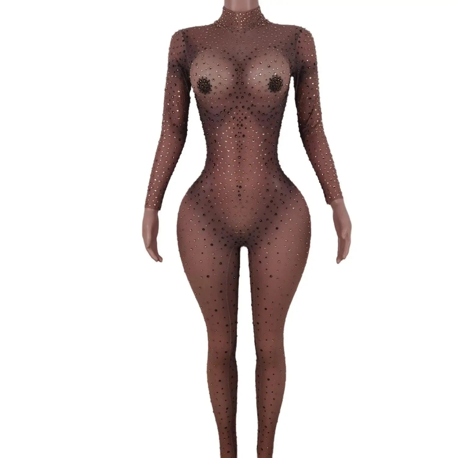 Stretch Free Size / Champagne Sexy Drag Queen Mesh Diamond One Piece Bodysuits Exotic Dancewear Stripper Outfit Night Club Rompers Women Rhinestone Jumpsuit